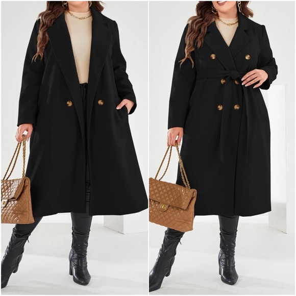 Plus Double Breasted Button up Belted Jacket Coat - Picture 2 of 9